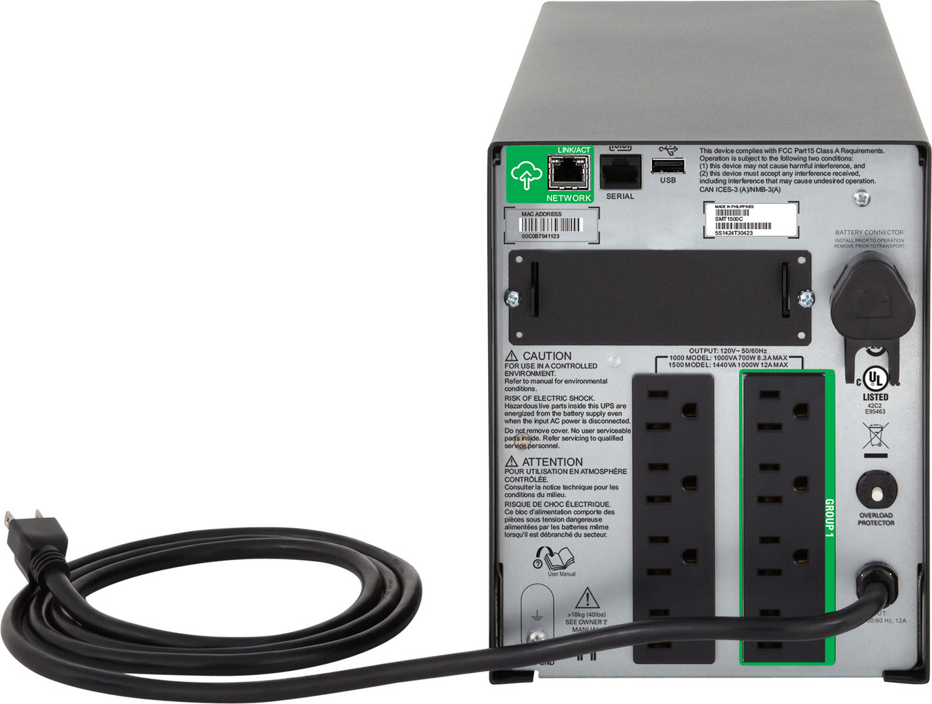 APC Smart-UPS, Line Interactive, 1000VA, Tower, 120V, 8x NEMA 5-15R outlets, SmartConnect Port+SmartSlot, AVR, LCD Back View