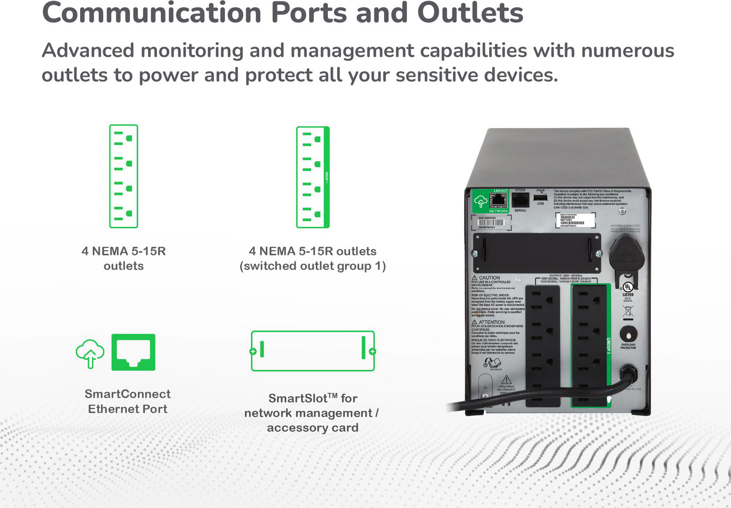 APC Smart-UPS, Line Interactive, 1000VA, Tower, 120V, 8x NEMA 5-15R outlets, SmartConnect Port+SmartSlot, AVR, LCD View 6