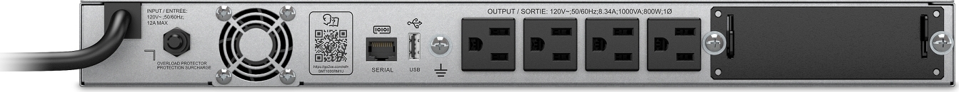 APC Smart-UPS, Line Interactive, 1000 VA, LCD, Rackmount 1U, 120V, 4x NEMA 5-15R outlet, USB, AVR, Short Depth Front View