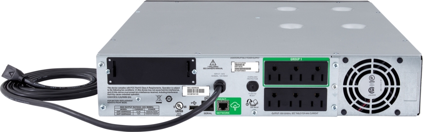 APC Smart-UPS, Line Interactive, 1000VA, Rackmount 2U, 120V, 6x NEMA 5-15R outlets, SmartConnect Port+SmartSlot, AVR, LCD Back View