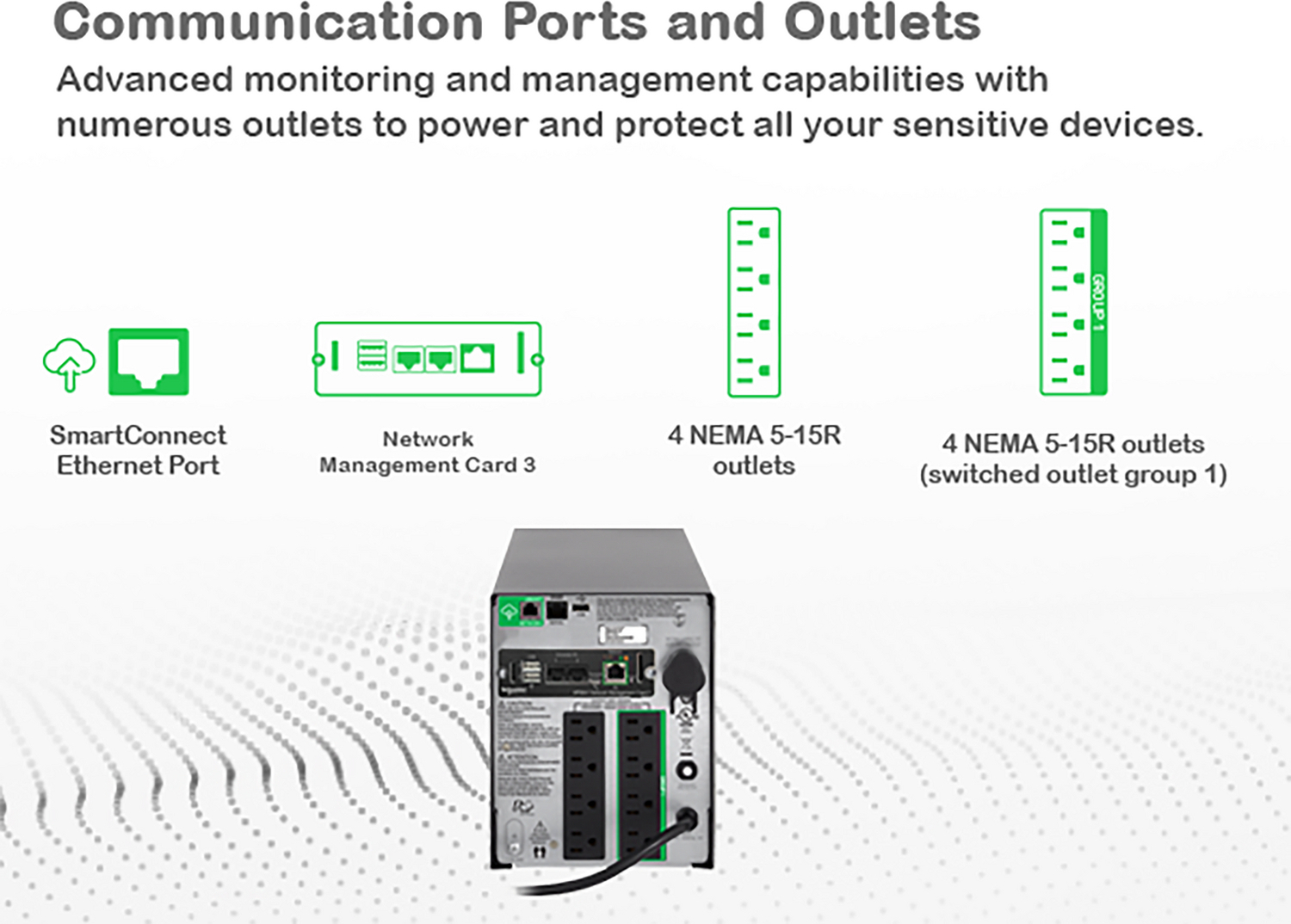 APC Smart-UPS, Line Interactive, 1500VA, Tower, 120V, 8x NEMA 5-15R outlets, SmartConnect Port+Network Card, AVR, LCD View 13