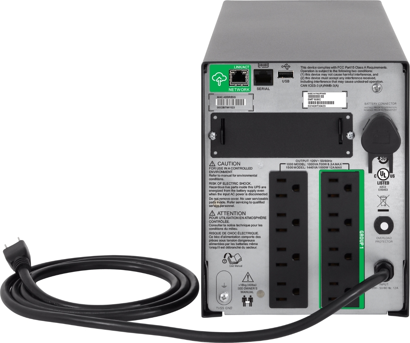 APC Smart-UPS, Line Interactive, 1500VA, Tower, 120V, 8x NEMA 5-15R outlets, SmartConnect Port+SmartSlot, AVR, LCD [TAA] Front View