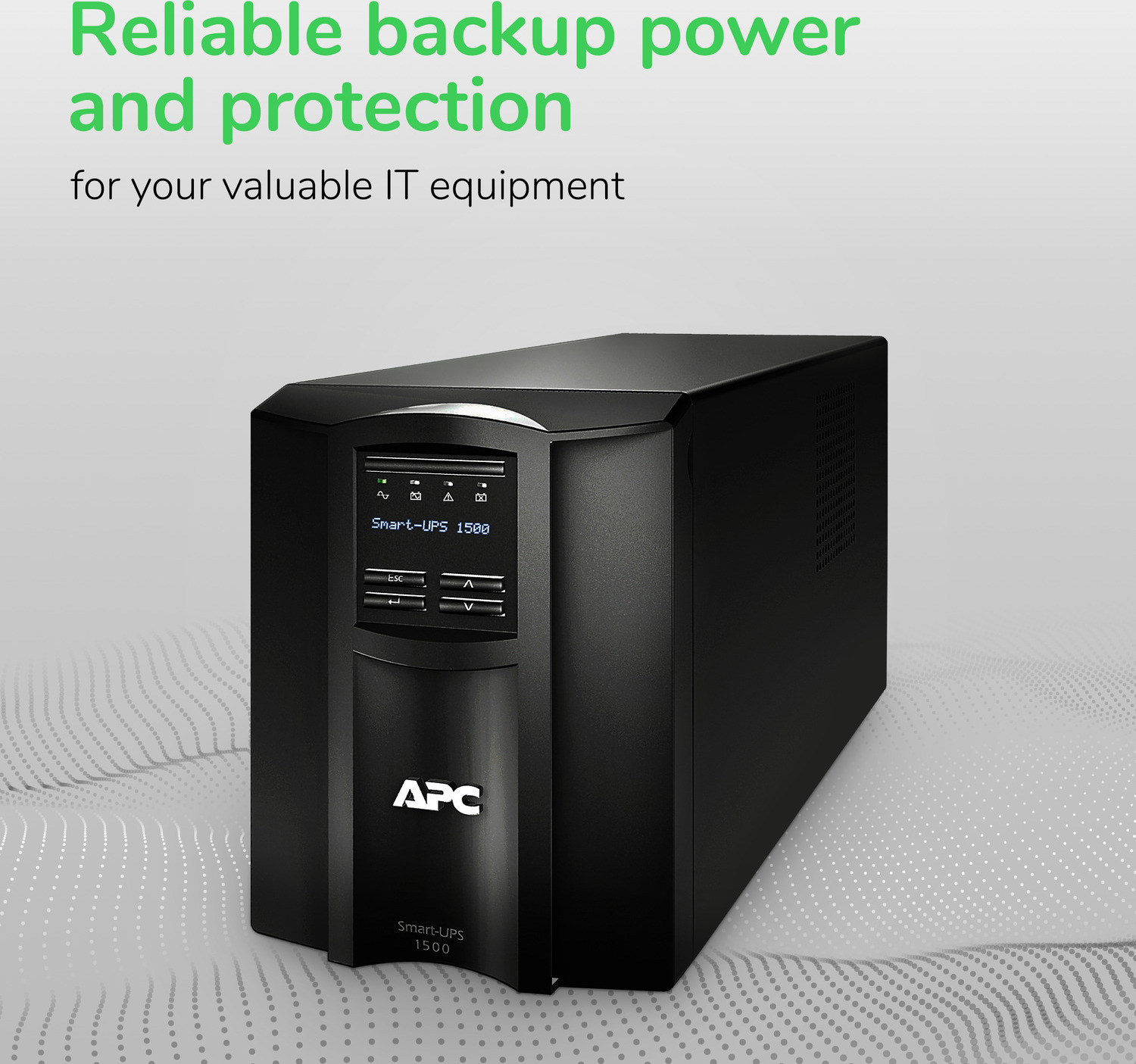APC Smart-UPS, Line Interactive, 1500VA, Tower, 120V, 8x NEMA 5-15R outlets, SmartConnect Port+SmartSlot, AVR, LCD Front View