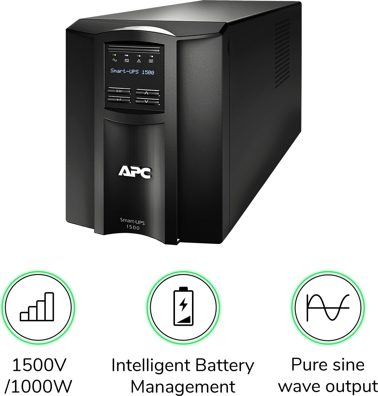 APC Smart-UPS, Line Interactive, 1500VA, Tower, 120V, 8x NEMA 5-15R outlets, SmartConnect Port+SmartSlot, AVR, LCD View 11