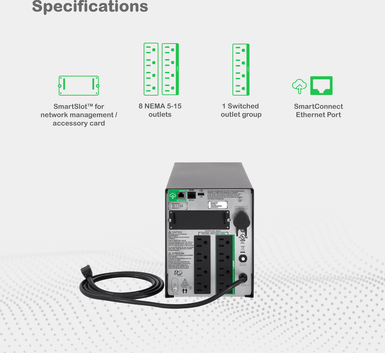APC Smart-UPS, Line Interactive, 1500VA, Tower, 120V, 8x NEMA 5-15R outlets, SmartConnect Port+SmartSlot, AVR, LCD View 16