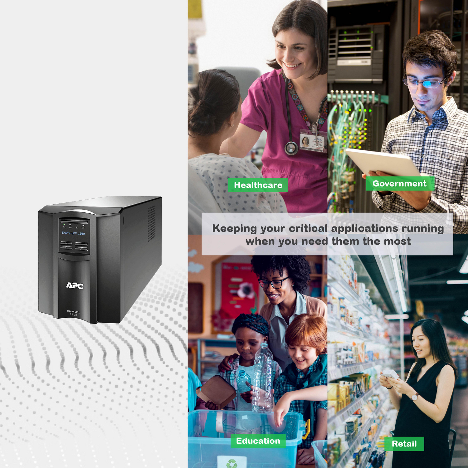 APC Smart-UPS, Line Interactive, 1500VA, Tower, 120V, 8x NEMA 5-15R outlets, SmartConnect Port+SmartSlot, AVR, LCD View 22