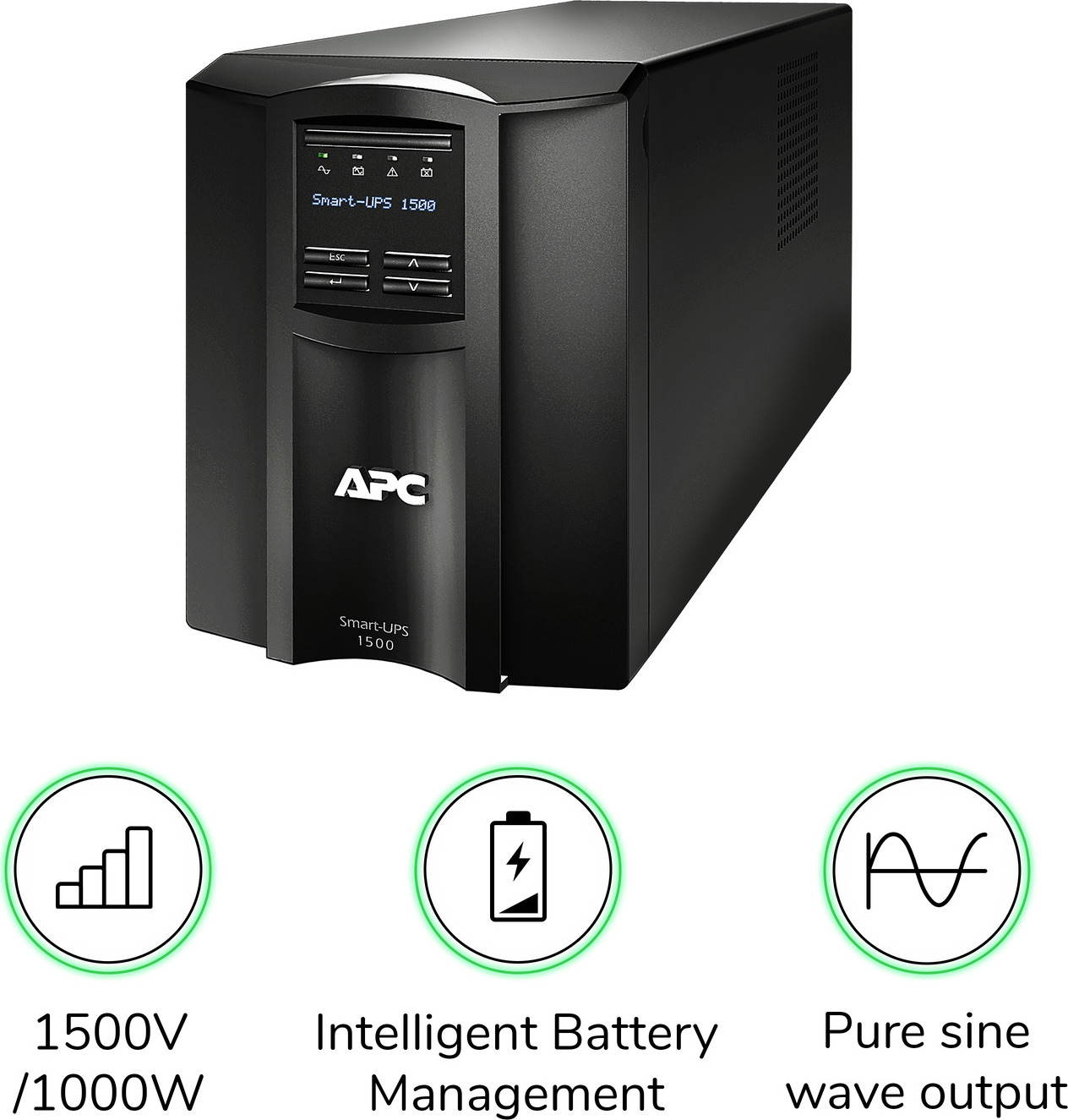APC Smart-UPS, Line Interactive, 1500VA, Tower, 120V, 8x NEMA 5-15R outlets, SmartConnect Port+SmartSlot, AVR, LCD Hardware Detail