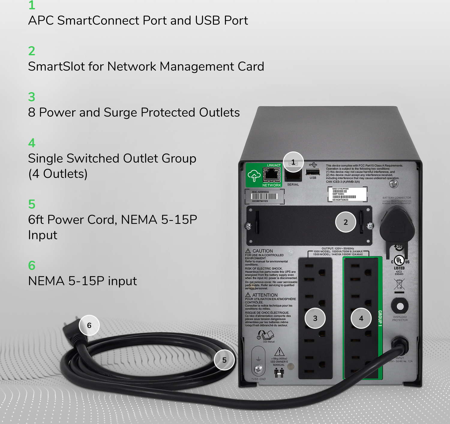 APC Smart-UPS, Line Interactive, 1500VA, Tower, 120V, 8x NEMA 5-15R outlets, SmartConnect Port+SmartSlot, AVR, LCD View 4