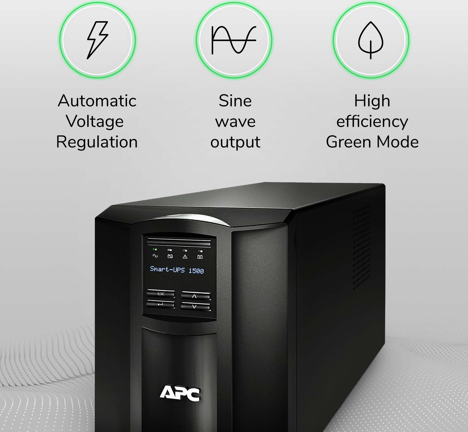 APC Smart-UPS, Line Interactive, 1500VA, Tower, 120V, 8x NEMA 5-15R outlets, SmartConnect Port+SmartSlot, AVR, LCD View 5