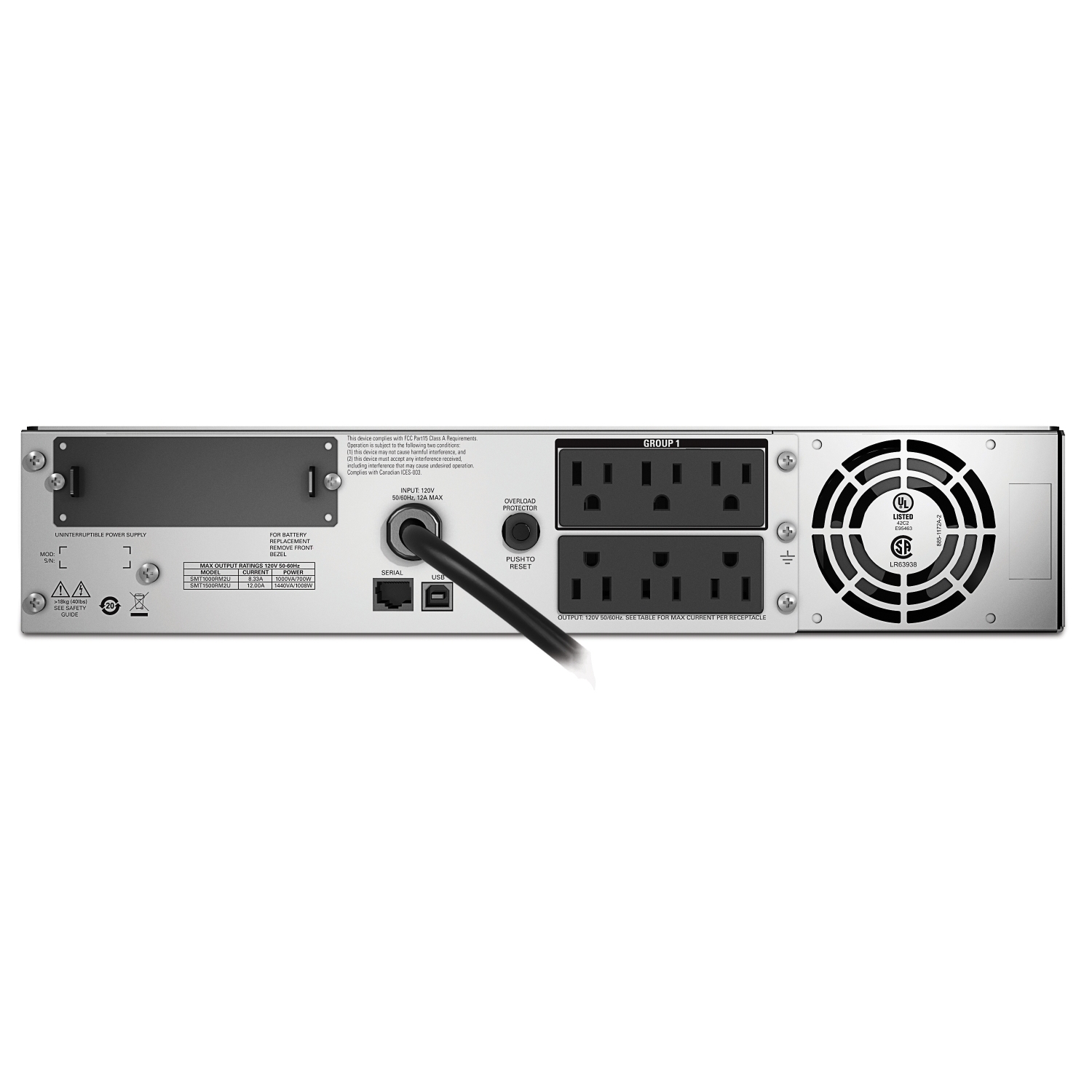 APC Smart-UPS, Line Interactive, 1500VA, Rackmount 2U, 120V, 6x NEMA 5-15R outlets, SmartSlot, AVR, LCD, W/L5-15P Back View