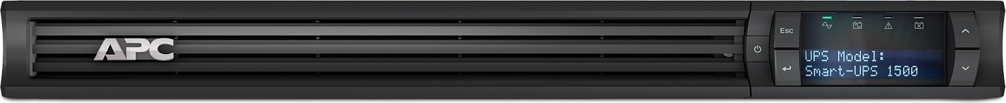 APC Smart-UPS, Line Interactive, 1500VA, Rackmount 1U, 120V, 4x NEMA 5-15R outlets, SmartConnect Port+SmartSlot, AVR, LCD Front View