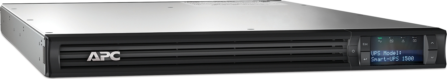 APC Smart-UPS, Line Interactive, 1500VA, Rackmount 1U, 120V, 4x NEMA 5-15R outlets, SmartConnect Port+SmartSlot, AVR, LCD Back View