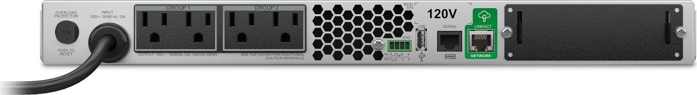APC Smart-UPS, Line Interactive, 1500VA, Rackmount 1U, 120V, 4x NEMA 5-15R outlets, SmartConnect Port+SmartSlot, AVR, LCD Hardware Detail