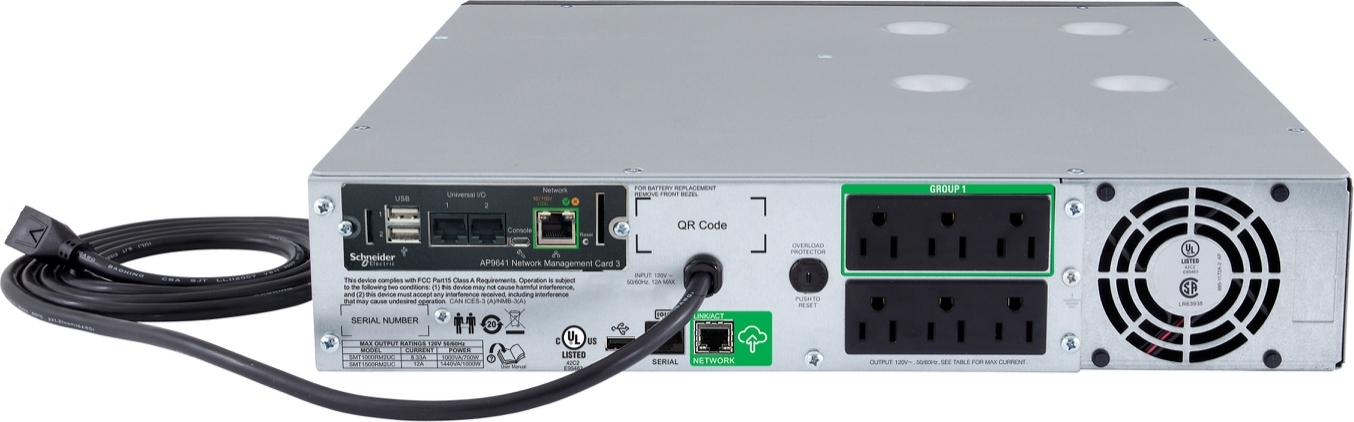APC Smart-UPS, Line Interactive, 1500VA, Rackmount 2U, 120V, 6x NEMA 5-15R outlets, SmartConnect Port+Network Card, AVR, LCD Front View