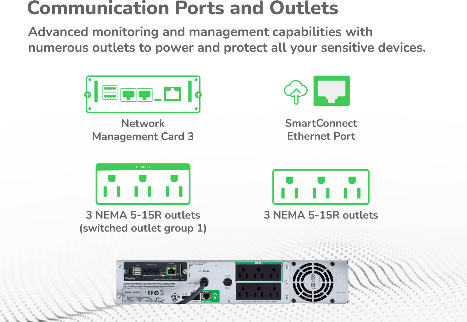 APC Smart-UPS, Line Interactive, 1500VA, Rackmount 2U, 120V, 6x NEMA 5-15R outlets, SmartConnect Port+Network Card, AVR, LCD View 12