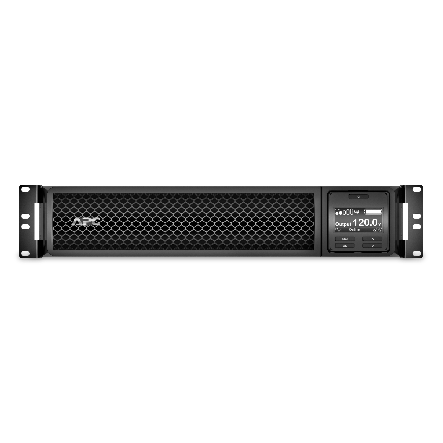 APC Smart-UPS, Line Interactive, 2200VA, Rackmount 2U, 120V, 6x NEMA 5-15R+2x NEMA 5-20R outlets, SmartSlot, AVR, LCD, W/L5-20P Front View
