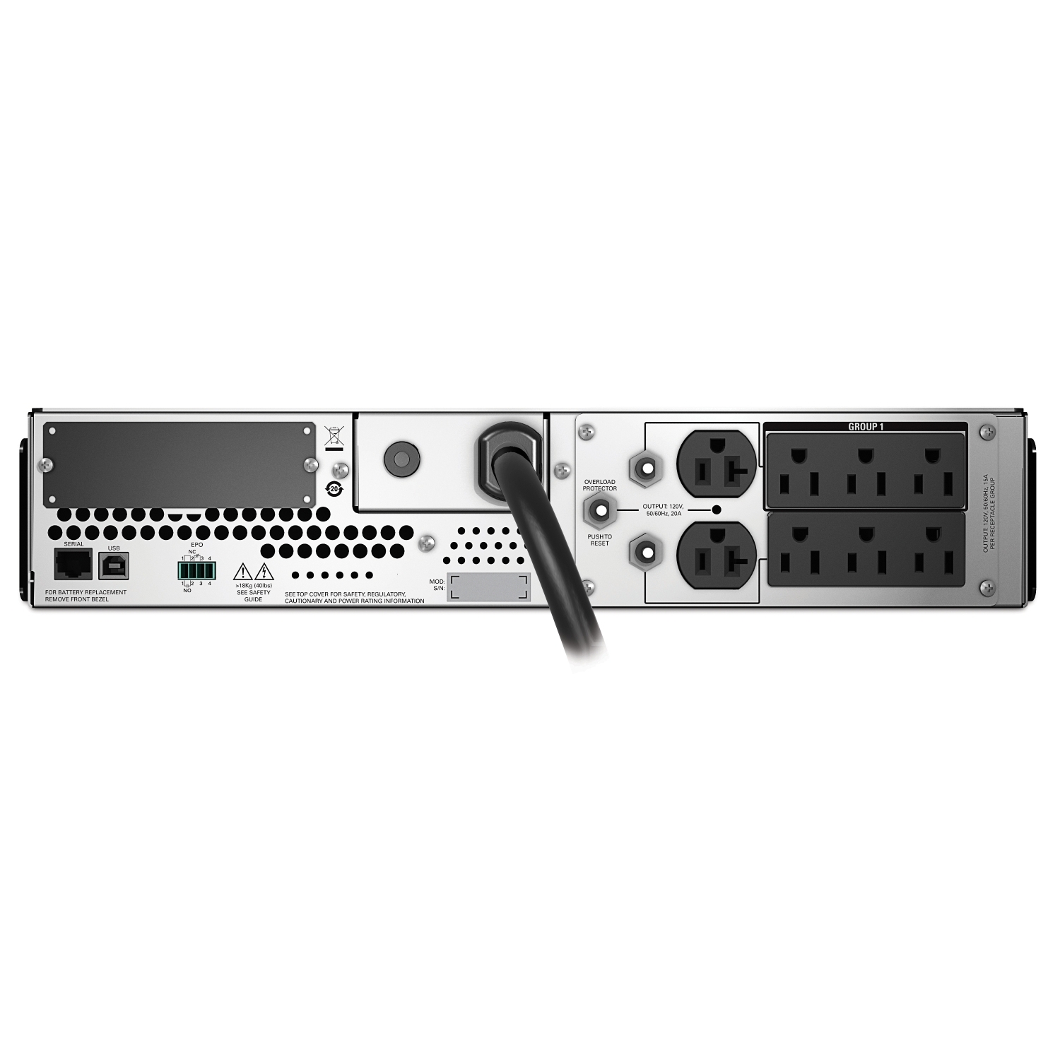 APC Smart-UPS, Line Interactive, 2200VA, Rackmount 2U, 120V, 6x NEMA 5-15R+2x NEMA 5-20R outlets, SmartSlot, AVR, LCD, W/L5-20P Back View