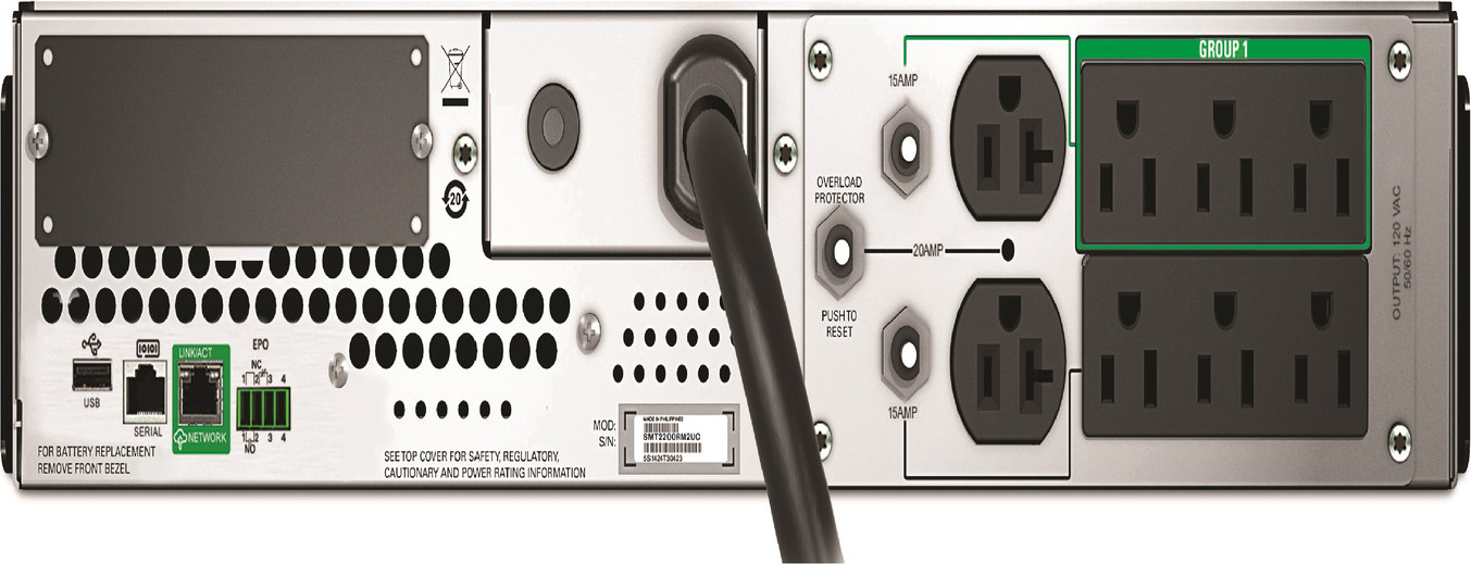 APC Smart-UPS, Line Interactive, 2200VA, Rackmount 2U, 120V, 6x NEMA 5-15R+2x NEMA 5-20R outlets, SmartConnect Port+SmartSlot, AVR, LCD Front View