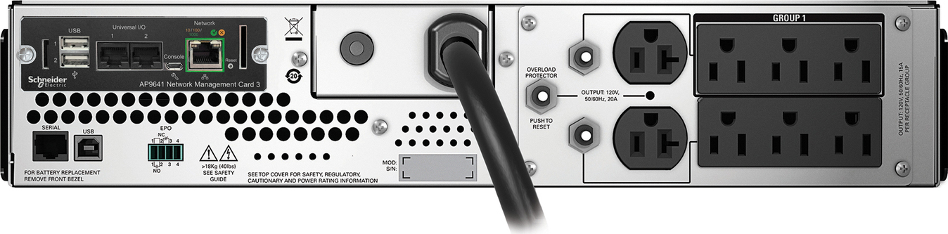 APC Smart-UPS, Line Interactive, 2200VA, Rackmount 2U, 120V, 6 NEMA 5-15R+2 NEMA 5-20R outlets, Network Card, AVR, LCD [TAA] Back View