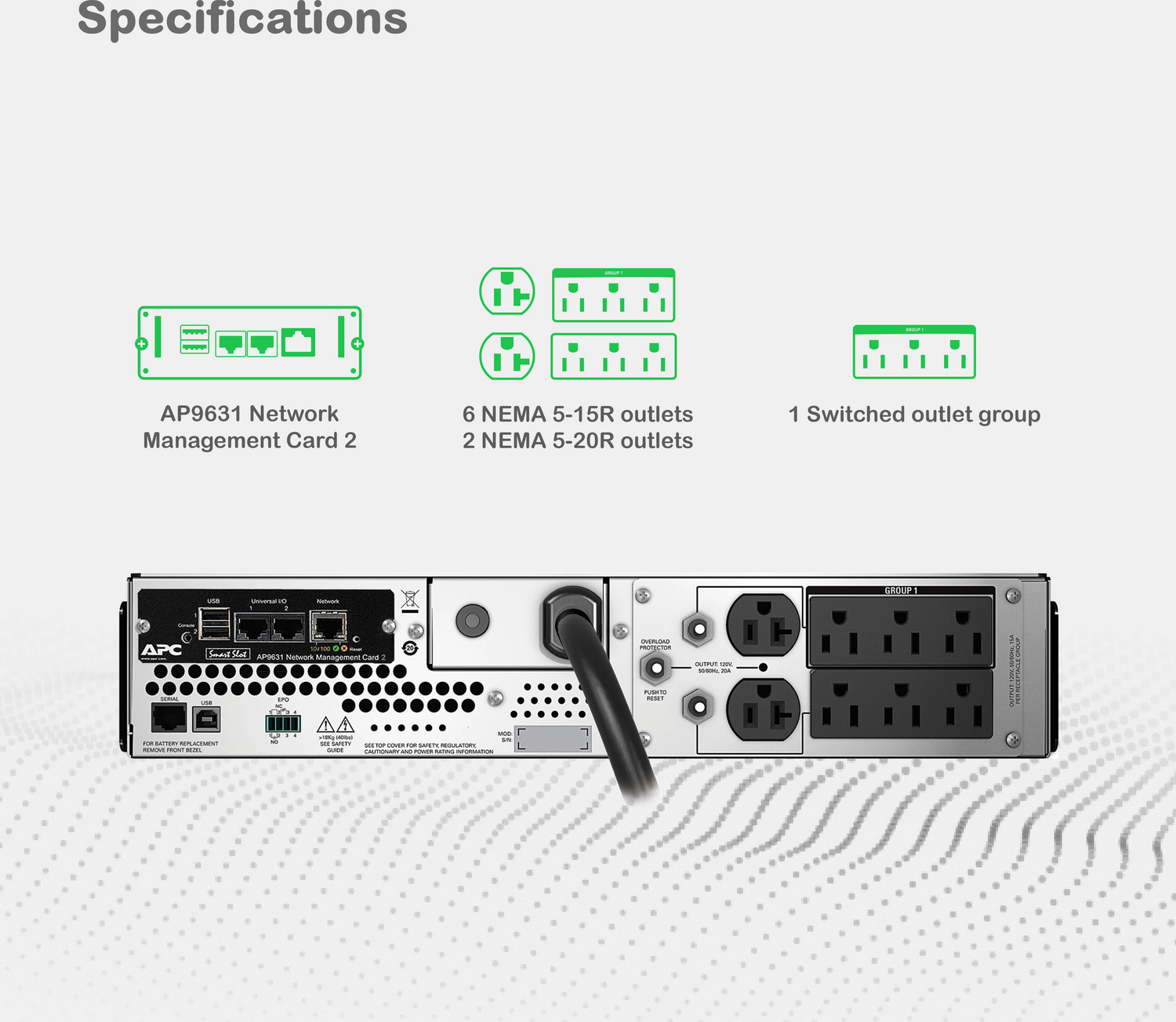 APC Smart-UPS, Line Interactive, 2200VA, Rackmount 2U, 120V, 6x NEMA 5-15R+2x NEMA 5-20R outlets, Network Card, AVR, LCD View 10