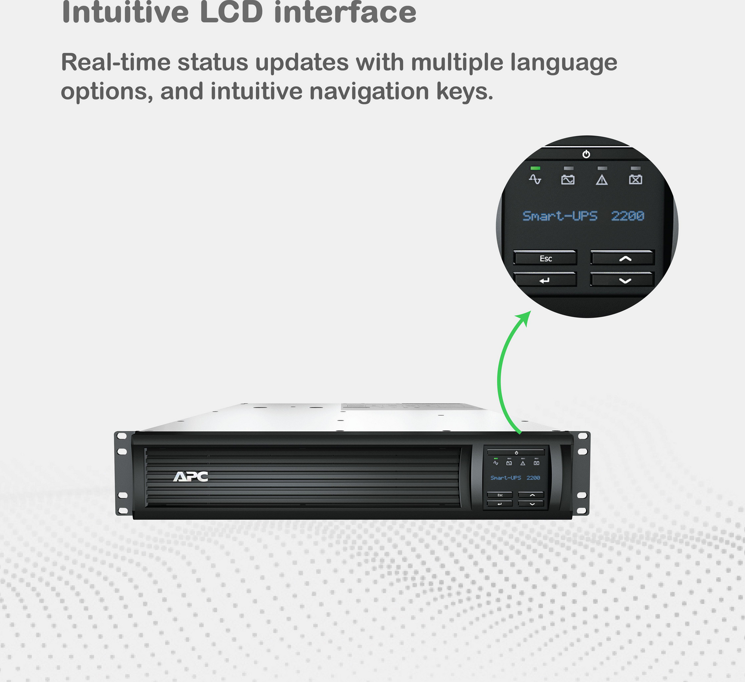 APC Smart-UPS, Line Interactive, 2200VA, Rackmount 2U, 120V, 6x NEMA 5-15R+2x NEMA 5-20R outlets, Network Card, AVR, LCD View 7