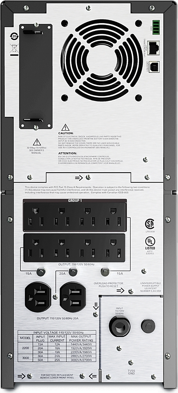 APC Smart-UPS, Line Interactive, 2200VA, Tower, 120V, 8x NEMA 5-15R+2x NEMA 5-20R outlets, SmartSlot, AVR, LCD [TAA] Front View