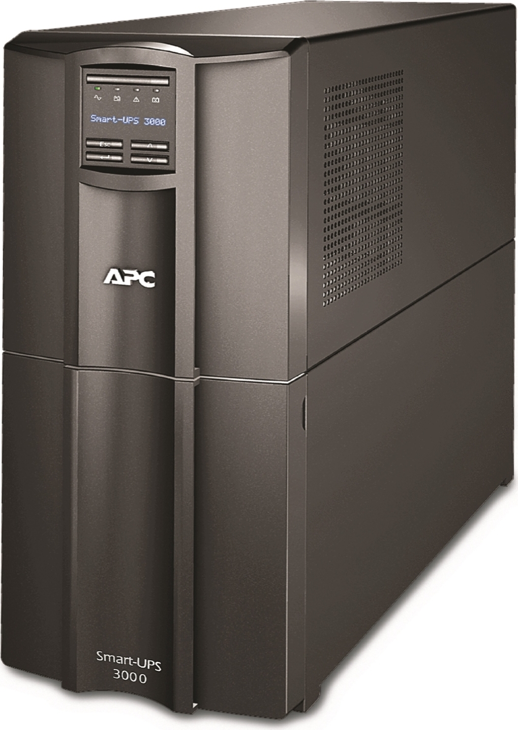 APC Smart-UPS, Line Interactive, 3kVA, Tower, 120V, 8 NEMA 5-15R+2 NEMA 5-20R outlets, SmartConnect Port+SmartSlot, AVR, LCD Front View
