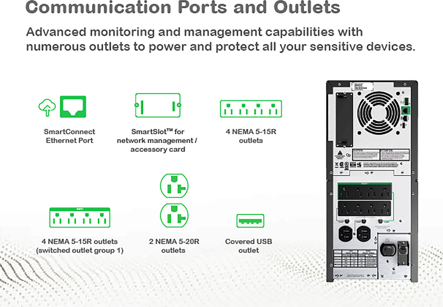 APC Smart-UPS, Line Interactive, 3kVA, Tower, 120V, 8 NEMA 5-15R+2 NEMA 5-20R outlets, SmartConnect Port+SmartSlot, AVR, LCD View 11