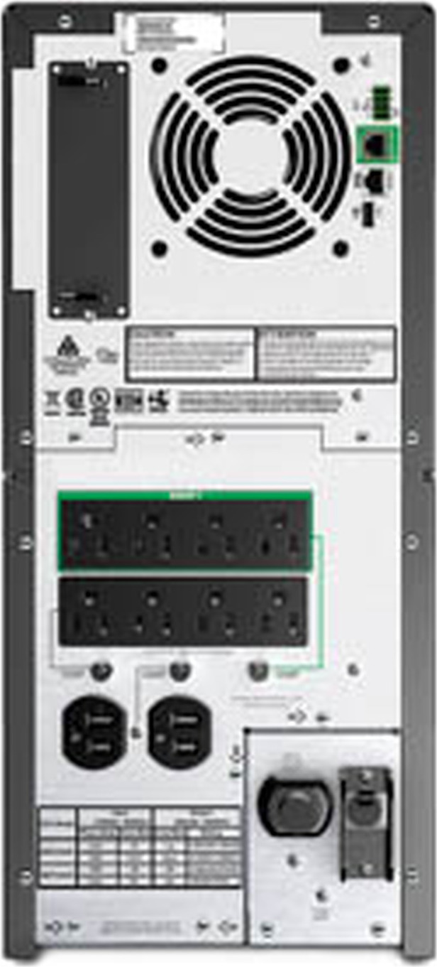 APC Smart-UPS, Line Interactive, 3kVA, Tower, 120V, 8 NEMA 5-15R+2 NEMA 5-20R outlets, SmartConnect Port+SmartSlot, AVR, LCD Back View