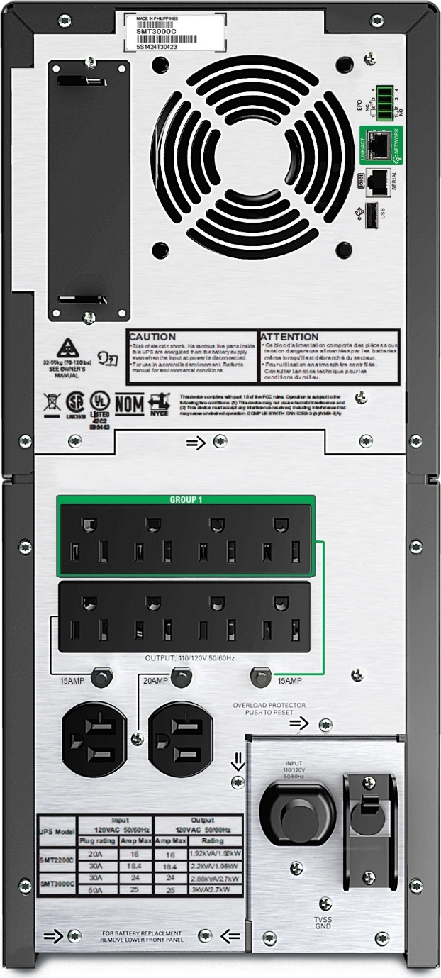 APC Smart-UPS, Line Interactive, 3kVA, Tower, 120V, 8 NEMA 5-15R+2 NEMA 5-20R outlets, SmartConnect Port+SmartSlot, AVR, LCD Hardware Detail