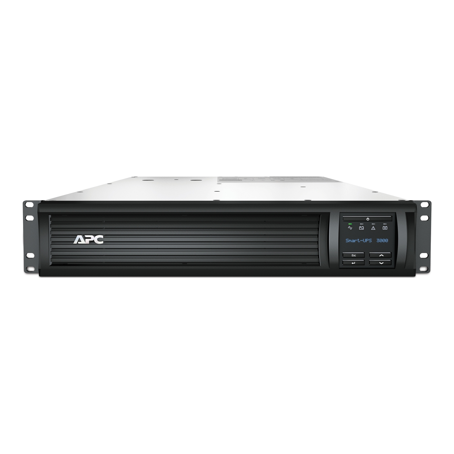 APC Smart-UPS, Line Interactive, 3kVA, Rackmount 2U, 120V, 6x NEMA 5-15R+2x NEMA 5-20R outlets, SmartSlot, AVR, LCD, With 12ft cord Front View