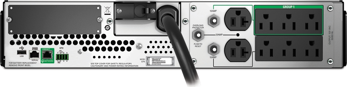 APC Smart-UPS, Line Interactive, 3kVA, Rackmount 2U, 120V, 6 NEMA 5-15R+2 NEMA 5-20R outlets, SmartConnect Port+SmartSlot, AVR, LCD [TAA] Back View