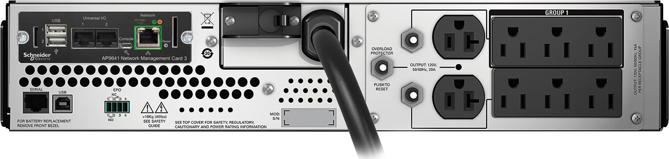APC Smart-UPS, Line Interactive, 3kVA, Rackmount 2U, 120V, 6x NEMA 5-15R+2x NEMA 5-20R outlets, Network Card, AVR, LCD View 5