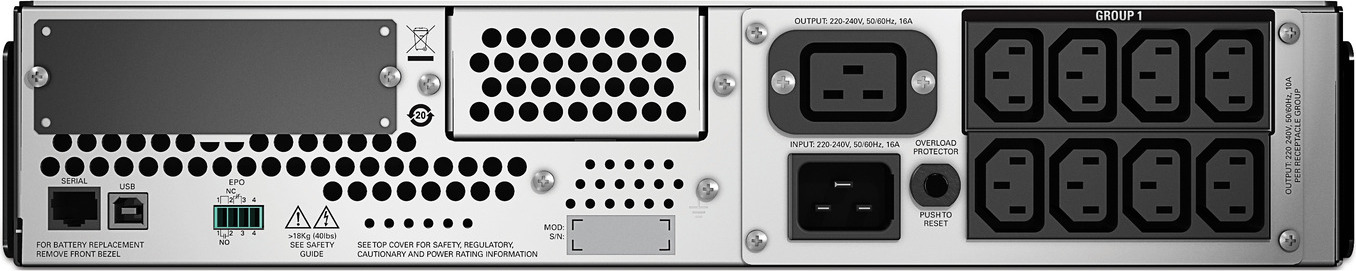 APC Smart-UPS, Line Interactive, 3kVA, Rackmount 2U, 230V, 8x IEC C13+1x IEC C19 outlets, SmartSlot, AVR, LCD Front View