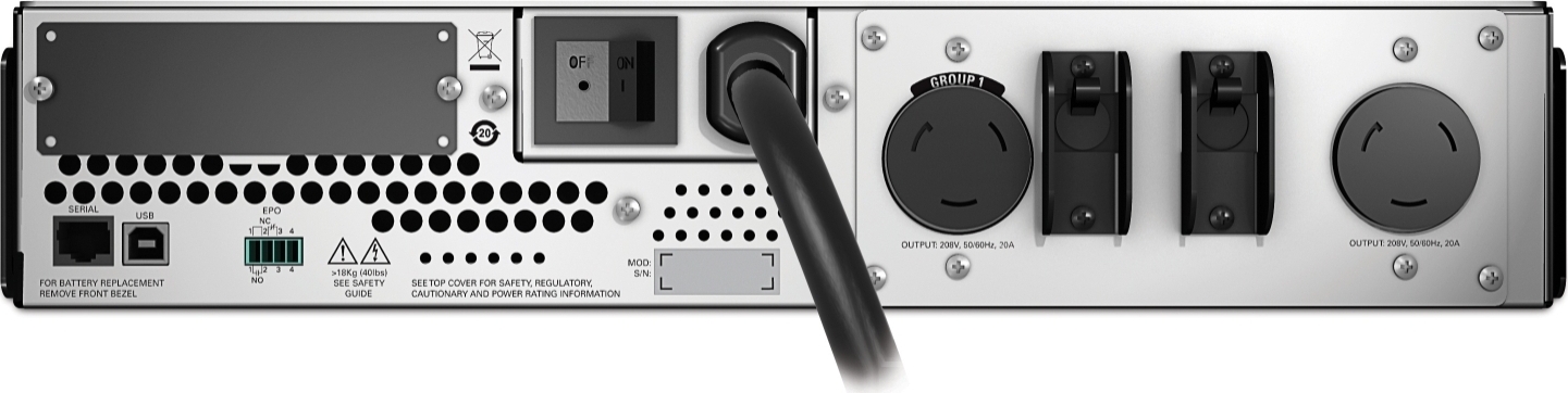 APC Smart-UPS, Line Interactive, 3kVA, Rackmount 2U, 208V, 2x NEMA L6-20R outlets, SmartSlot, AVR, LCD Front View