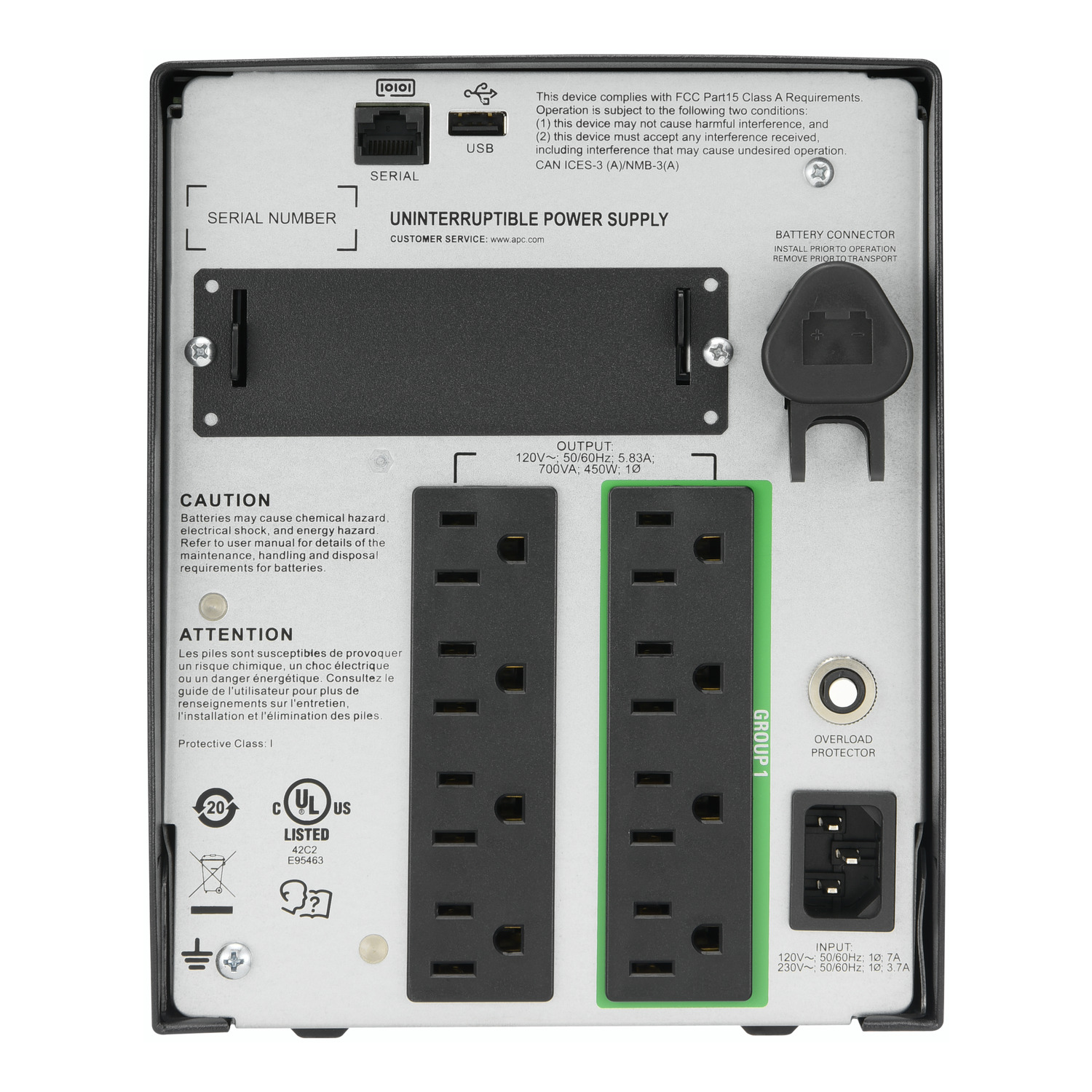 APC Smart-UPS, Line Interactive, 700VA, Tower, 120V, 8x NEMA 5-15R outlets, SmartSlot, Auto Sense Voltage 120V/230V, AVR, LCD Hardware Detail