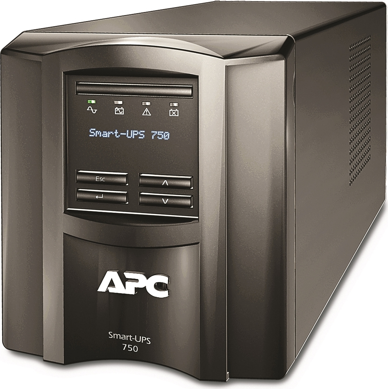 APC Smart-UPS, Line Interactive, 750VA, Tower, 120V, 6x NEMA 5-15R outlets, SmartConnect Port+SmartSlot, AVR, LCD Front View