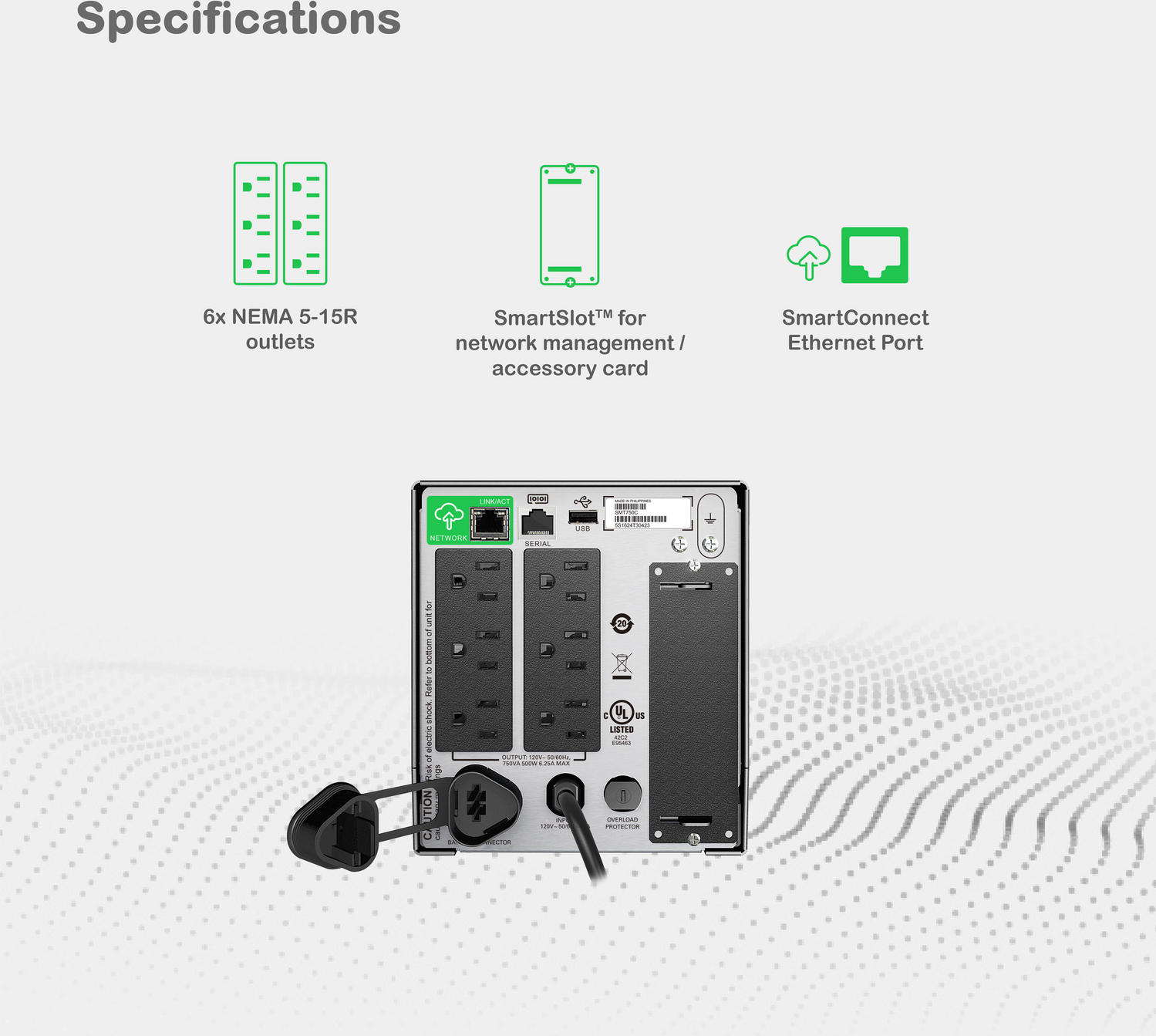 APC Smart-UPS, Line Interactive, 750VA, Tower, 120V, 6x NEMA 5-15R outlets, SmartConnect Port+SmartSlot, AVR, LCD View 10