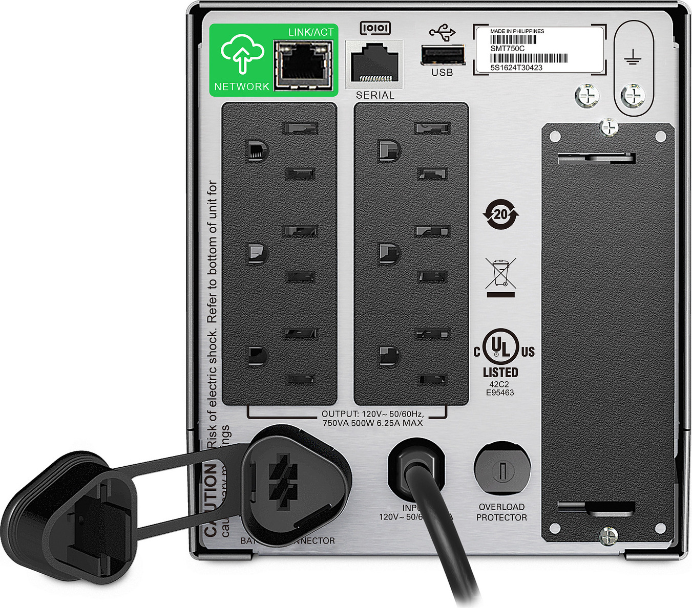 APC Smart-UPS, Line Interactive, 750VA, Tower, 120V, 6x NEMA 5-15R outlets, SmartConnect Port+SmartSlot, AVR, LCD View 4