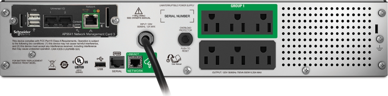 APC Smart-UPS, Line Interactive, 750VA, Rackmount 2U, 120V, 6x NEMA 5-15R outlets, SmartConnect Port+Network Card, AVR, LCD Front View