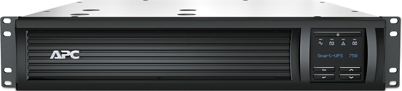 APC Smart-UPS, Line Interactive, 750VA, Rackmount 2U, 120V, 6x NEMA 5-15R outlets, SmartConnect Port+Network Card, AVR, LCD Back View