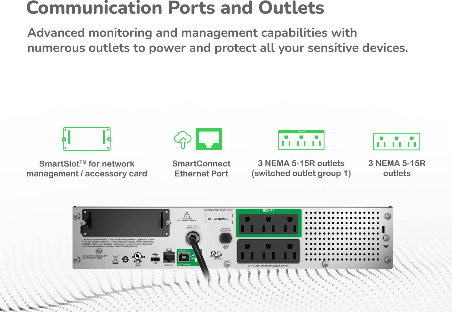 APC Smart-UPS, Line Interactive, 750VA, Rackmount 2U, 120V, 6x NEMA 5-15R outlets, SmartConnect Port+SmartSlot, AVR, LCD View 13