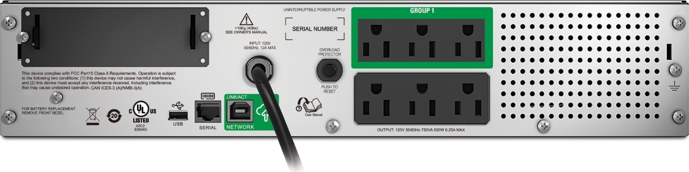 APC Smart-UPS, Line Interactive, 750VA, Rackmount 2U, 120V, 6x NEMA 5-15R outlets, SmartConnect Port+SmartSlot, AVR, LCD Back View