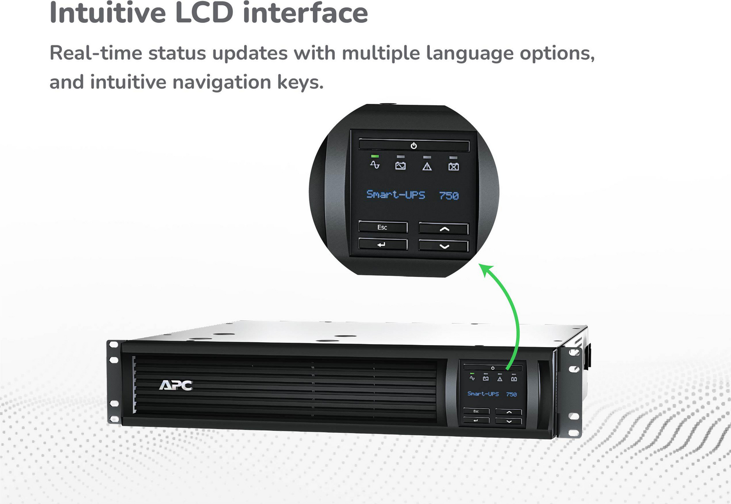 APC Smart-UPS, Line Interactive, 750VA, Rackmount 2U, 120V, 6x NEMA 5-15R outlets, SmartConnect Port+SmartSlot, AVR, LCD View 5