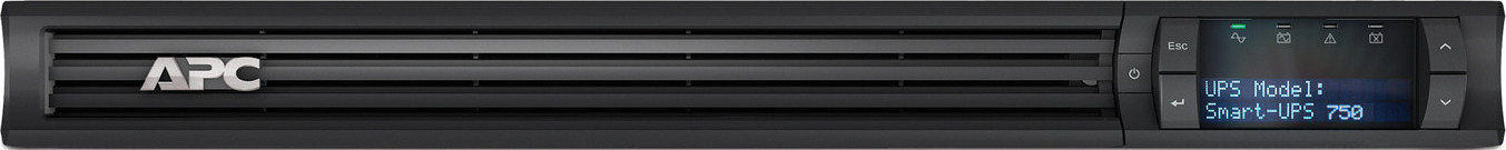 APC Smart-UPS, Line Interactive, 750VA, Rackmount 1U, 100V, 4x NEMA 5-15R outlets, SmartSlot, AVR, LCD, With rail kit Front View