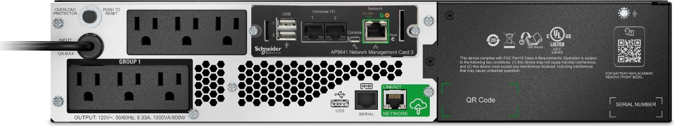 APC Smart-UPS, Line Interactive, 1000VA, Lithium-ion, Rackmount 2U, 120V, 6x NEMA 5-15R outlets, SmartConnect Port+Network Card, Short Depth, AVR Hardware Detail