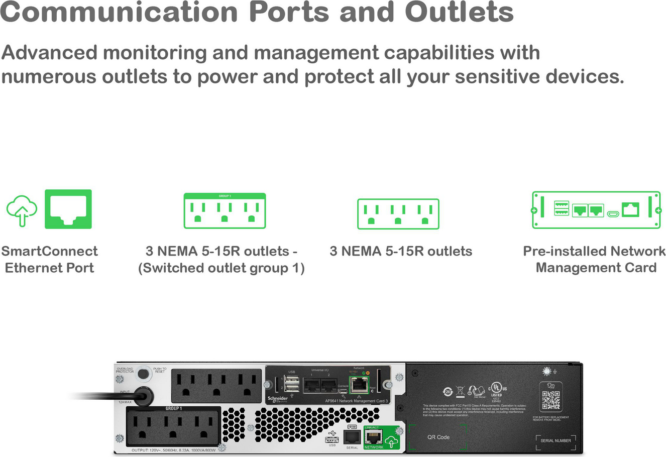 APC Smart-UPS, Line Interactive, 1000VA, Lithium-ion, Rackmount 2U, 120V, 6x NEMA 5-15R outlets, SmartConnect Port+Network Card, Short Depth, AVR View 6