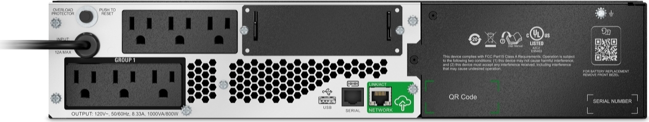 APC Smart-UPS, Line Interactive, 1000VA, Lithium-ion, Rackmount 2U, 120V, 6x NEMA 5-15R outlets, SmartConnect Port+SmartSlot,Short Depth,AVR,LCD,TAA Front View