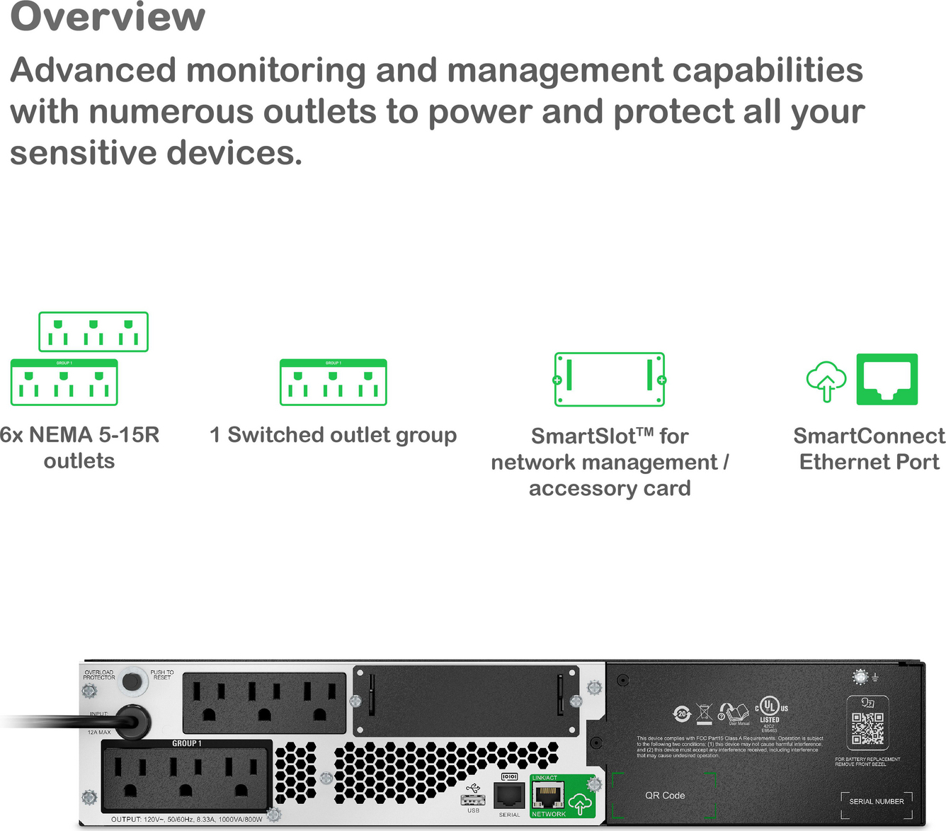APC Smart-UPS, Line Interactive, 1000VA, Lithium-ion, Rackmount 2U, 120V, 6x NEMA 5-15R outlets, SmartConnect Port+SmartSlot, Short Depth, AVR, LCD View 9