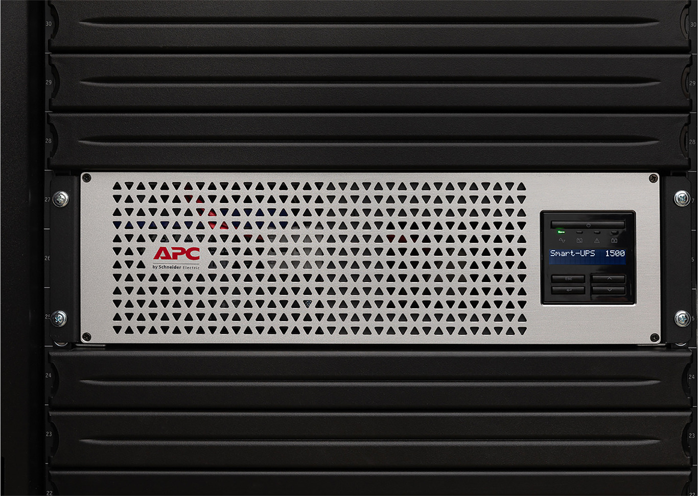 APC Smart-UPS, Line Interactive, 1500VA, Lithium-ion, Rackmount 3U, 120V, 6x NEMA 5-15R outlets, SmartConnect Port+Network Card, Short Depth, AVR, LCD Front View